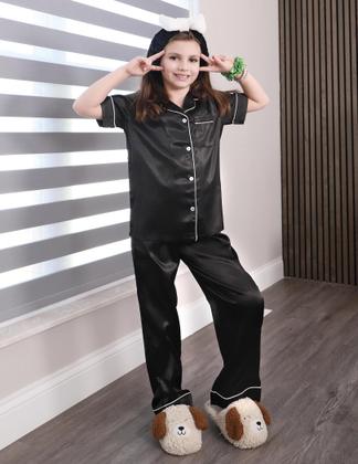 Imagem de Pijama Arshiner de cetim para meninas de manga curta de 4 a 5 anos, preto