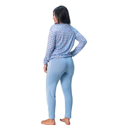 Imagem de Pijama Blusa Manga Comprida Estampada e Calça Lisa Confortável Frio Inverno Moda Noturna