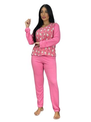 Imagem de Pijama Blusa Manga Comprida Estampada e Calça Lisa Confortável Frio Inverno Moda Noturna