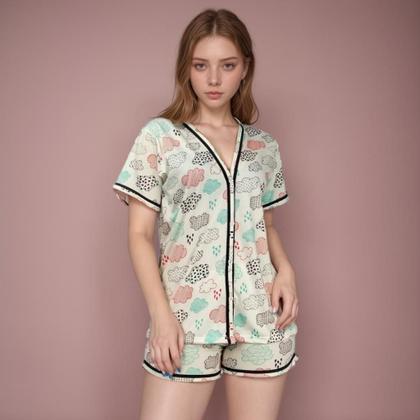 Imagem de Pijama Feminino Americano baby doll Blogueirinha aberto com botões para amamentar e pós cirúrgico Barbie