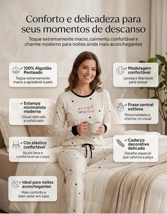 Imagem de Pijama Feminino De Frio Manga Longa Bela Notte 100% Algodão Inverno Quente Calça Longo