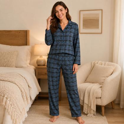 Imagem de Pijama Feminino Flanela Xadrez Manga Longa Botões
