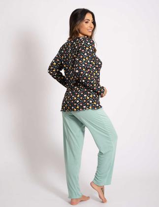 Imagem de Pijama Feminino Inverno kit com 3 blusa manga longa estampada calça comprida lisa toque quante macio