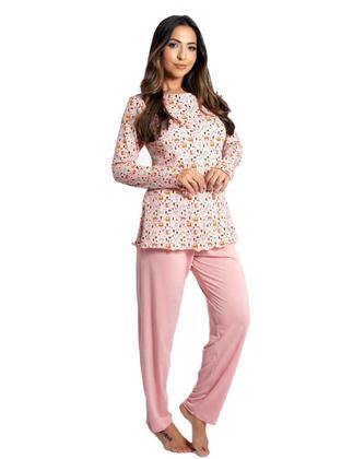 Imagem de Pijama Feminino Inverno kit com 3 blusa manga longa estampada calça comprida lisa toque quante macio