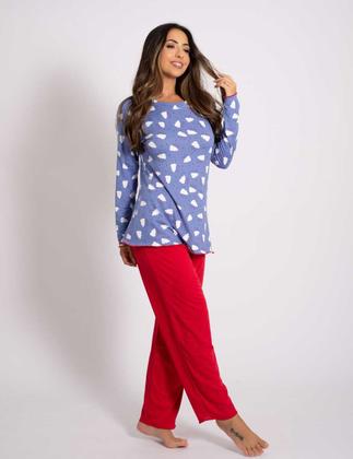 Imagem de Pijama Feminino Inverno kit com 3 blusa manga longa estampada calça comprida lisa toque quante macio