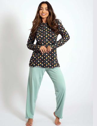 Imagem de Pijama Feminino Inverno kit com 3 blusa manga longa estampada calça comprida lisa toque quante macio