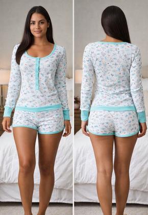 Imagem de Pijama Feminino Macaquinho Com Botões Manga Longa e Short