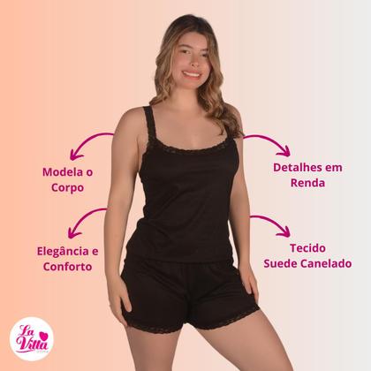 Imagem de Pijama Feminino Malha Suede Canelado com Renda Baby Doll Verão Curto Rendinha Sexy Sensual Short Dool Noite Confortável