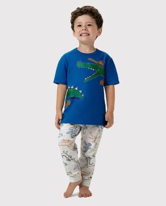 Imagem de Pijama infantil manga curta e calça masculino, algodão com estampa jacare que brilha no escuro