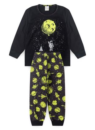 Imagem de Pijama Longo Infantil Menino Preto Blusa e Calça Astronauta Lunar Brilha No Escuro