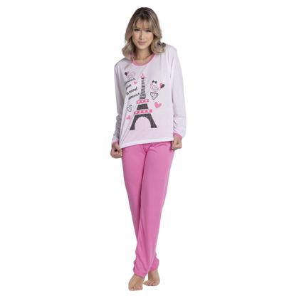Imagem de Pijama Longo Malha Estampado Feminino Inverno Blusa e Calça