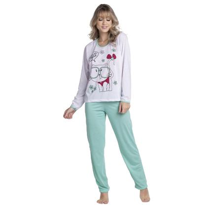 Imagem de Pijama Longo Malha Estampado Feminino Inverno Blusa e Calça