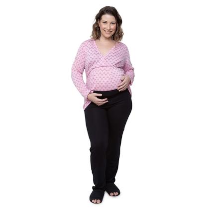 Imagem de Pijama Longo Plus Size Maternidade Rosa Coração Linda Gestante