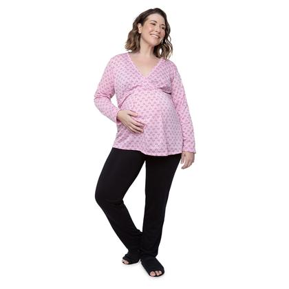 Imagem de Pijama Longo Plus Size Maternidade Rosa Coração Linda Gestante