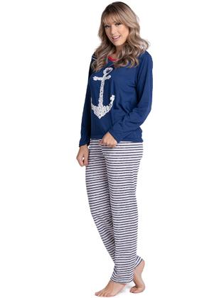 Imagem de Pijama Malha Feminino Longo Âncora Calça e Blusa Inverno