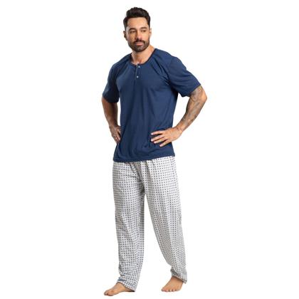 Imagem de Pijama Masculino Com Bolso WLS Modas Manga Curta Calça Longa Roupa Para Dormir Frio Linha Noite