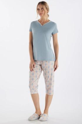 Imagem de Pijama meia manga em meia malha com capri em malha rotativa feminino
