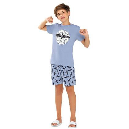 Imagem de Pijama Menino Juvenil And.Go Algodão Estampa Brilha no Escuro Avião Azul Claro