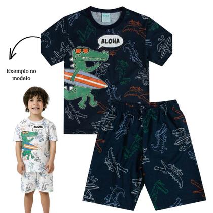 Imagem de Pijama Menino Kyly Camiseta e Shorts Algodão Marinho Brilha no Escuro Estampa de Jacaré
