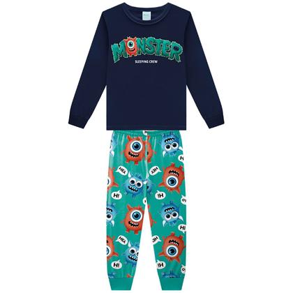 Imagem de Pijama Meninos Longo Moletom Monstros Azul Marinho e Verde Kyly Tamanho:14 anos