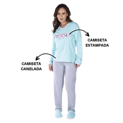 Imagem de Pijama Roupa De Dormir Conjunto Frio Canelado E Listrado