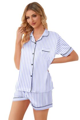 Imagem de Pijama Schbbbta Satin para meninas de manga curta de 5 a 6 anos, azul marinho claro
