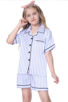 Imagem de Pijama Schbbbta Satin para meninas de manga curta de 5 a 6 anos, azul marinho claro