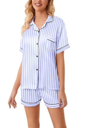 Imagem de Pijama Schbbbta Satin para meninas de manga curta de 5 a 6 anos, azul marinho claro