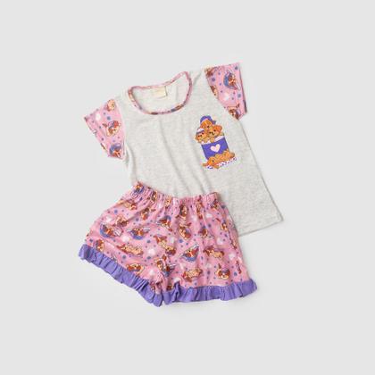 Imagem de Pijama Verão Menina Mescla Blusa e Shorts com Babado Cachorrinhos
