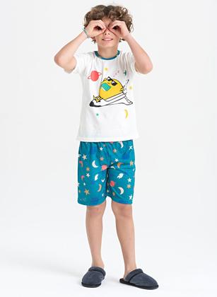 Imagem de Pijama Verão Menino Infantil Natural Camiseta e Bermuda Espacial Brilha no Escuro