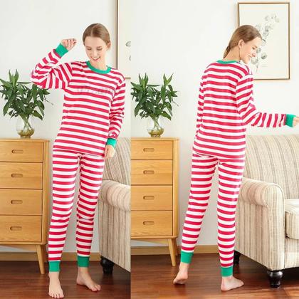 Imagem de Pijamas De Natal Em Algodão Listrado Vermelho E Branco Para Família, Roupas De Dormir