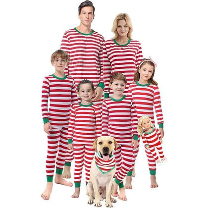 Imagem de Pijamas De Natal Em Algodão Listrado Vermelho E Branco Para Família, Roupas De Dormir