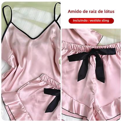Imagem de Pijamas Femininos De Cetim Suave Com Decote Em V, Shorts Com Babados E Laço, Conjunto De Pijamas