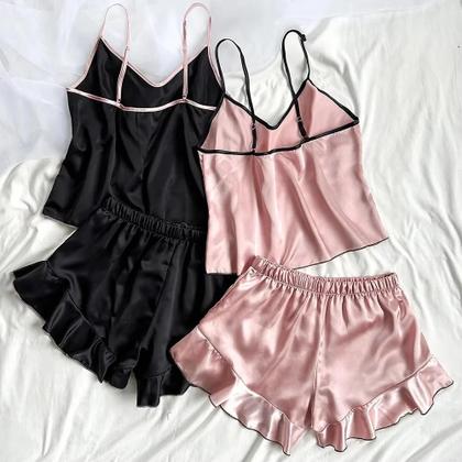 Imagem de Pijamas Femininos De Cetim Suave Com Decote Em V, Shorts Com Babados E Laço, Conjunto De Pijamas