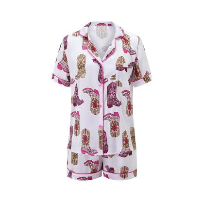 Imagem de Pijamas Yiulangde Cowboy Boot para mulheres, lindos shorts preppy de seda, cetim, estampados no Y2k, conjuntos de camisas de pijama com botões