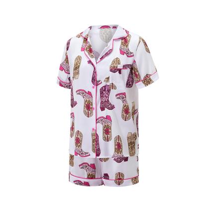 Imagem de Pijamas Yiulangde Cowboy Boot para mulheres, lindos shorts preppy de seda, cetim, estampados no Y2k, conjuntos de camisas de pijama com botões