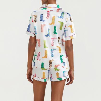 Imagem de Pijamas Yiulangde Cowboy Boot para mulheres, lindos shorts preppy de seda, cetim, estampados no Y2k, conjuntos de camisas de pijama com botões