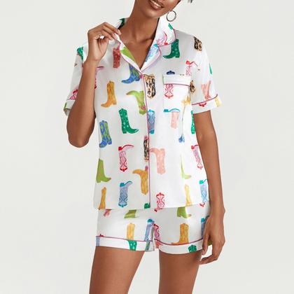 Imagem de Pijamas Yiulangde Cowboy Boot para mulheres, lindos shorts preppy de seda, cetim, estampados no Y2k, conjuntos de camisas de pijama com botões