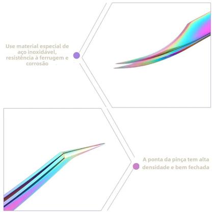 Imagem de Pinça para Extensão de Cílios Arco-Íris - Antiestática, Curvada e Reta