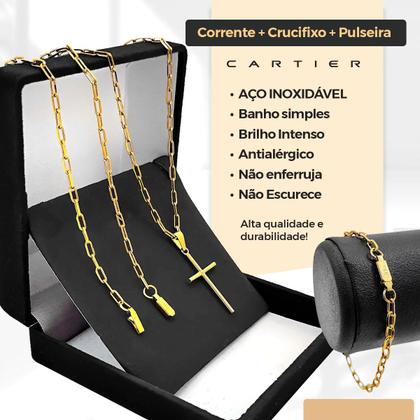 Imagem de Pingente crucifixo + pulseira + corrente banhada aço inox religioso qualidade premium moda masculina