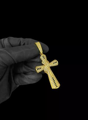 Imagem de Pingente Cruz Amarrada Cravejada Em Preto Banhado A Ouro 18k