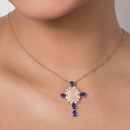 Imagem de Pingente rommanel feminino banhado ouro 18k cruz com nossa senhora aparecida 542921