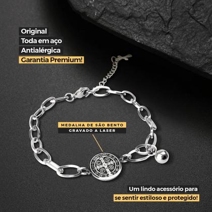 Imagem de Pingente São Bento + Pulseira Masculina Aço Inoxidável Prata casual medalha qualidadde premium