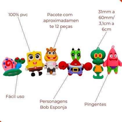 Pingentes personagens bob esponja em pvc com 12 peças - - Nenhum fabricante - Imagem de Pingentes personagens bob esponja em pvc com 12 peças
