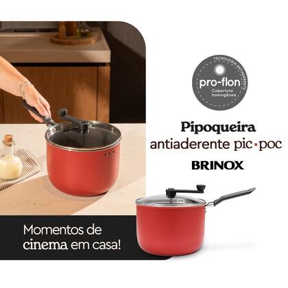 Imagem de Pipoqueira Antiaderente Pro-Flon, Alumínio 1,6 mm, Misturador de Nylon Brinox Pic Poc 4,2 L Cereja
