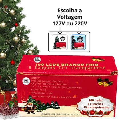 Imagem de Pisca 100 leds 8 funções branco frio 10mts fio transparente