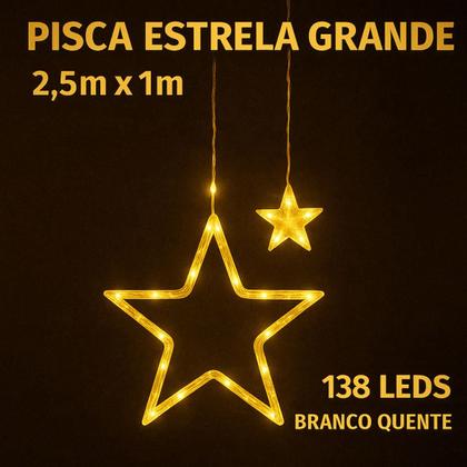 Imagem de Pisca Cascata Estrelas Natalinas 138 LEDs 8 Funções Branco Quente 2,5m x 1m