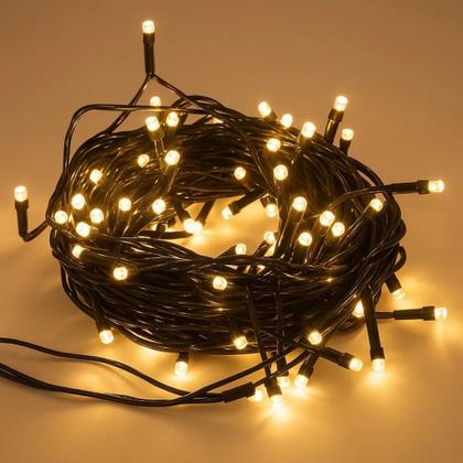 Imagem de Pisca LED Branco Quente Sequencial 100 Lâmpadas 8 Funções Fio Verde 8 Metros 127V
