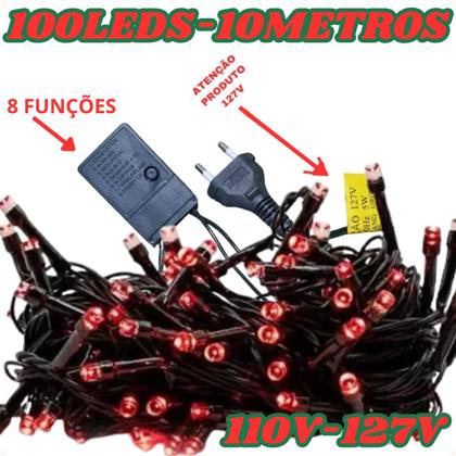 Imagem de Pisca pisca arvore de natal fio verde 100 leds vermelho 10 metros 127v~110v ref. 15073