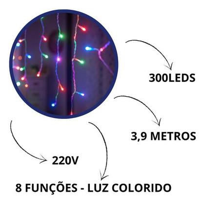 Imagem de Pisca Pisca Cascata 3,9m 300leds Branco Colorido Natal 220v